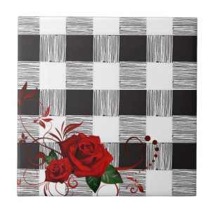 Keramikfliese Weiß und Schwarz Kariert Rote Rose