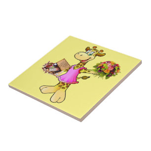 Keramikfliesen-Giraffe, Blumen, Schokolade, Gelb Fliese