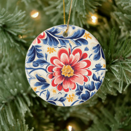 Keramikschmuck mit großem, rotem und rosa Blumenmu Keramik Ornament