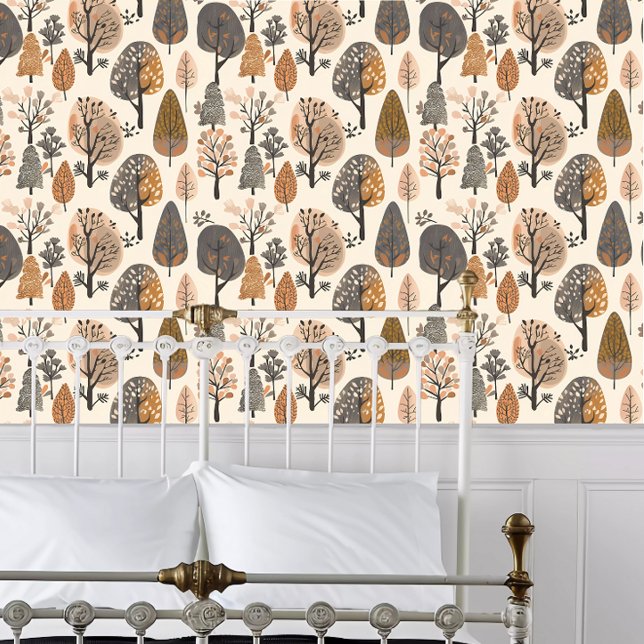 Kernbaumen Tapete (Cottagecore Trees Wallpaper behind a white metal framed bed.)