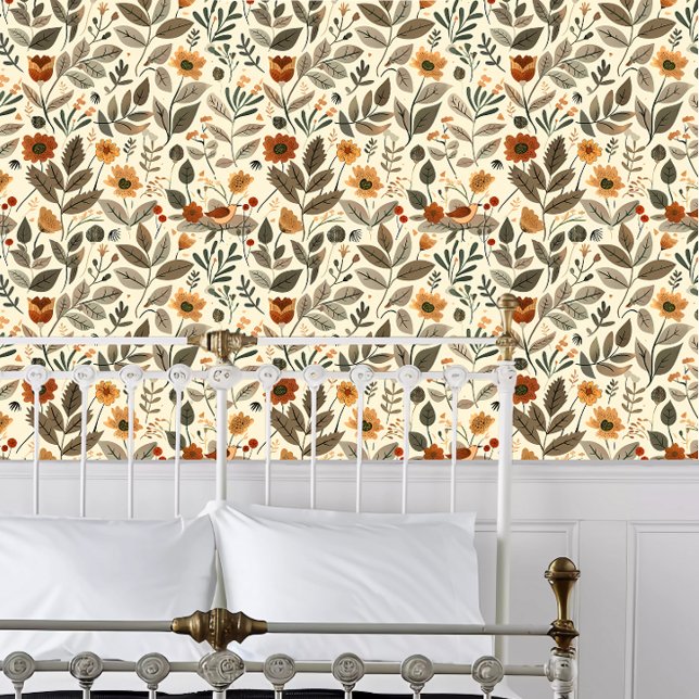Kerne Blume in den Erdtönen Tapete (Cottagecore Flowers in Earth Tones Wallpaper behind a white metal bed frame. )