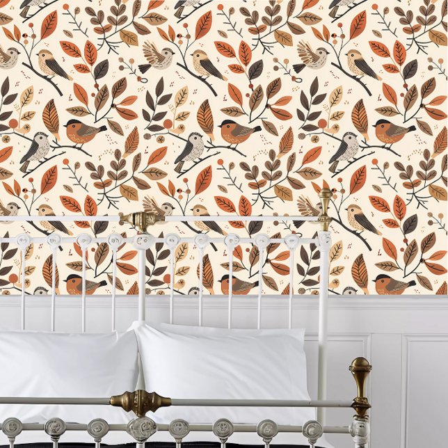 Kerne Fall Geistvögel Tapete (Cottagecore Fall Spirit Birds Wallpaper behind a white metal framed bed.)