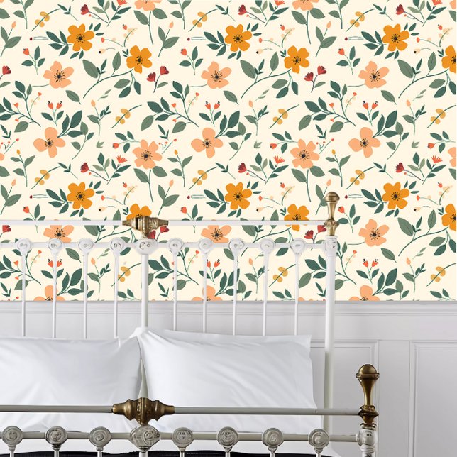 Kerne Orange und Grün Tapete (Cottagecore Orange and Green Wallpaper behind a white metal bed frame. )