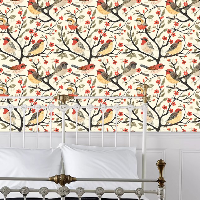Kerne Rot- und Gelbvögel Tapete (Cottagecore Red and Yellow Birds Wallpaper behind a white metal framed bed.)