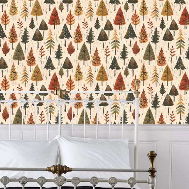 Kernfarbenfrohe Funky Trees Tapete (Cottagecore Colorful Funky Trees Wallpaper behind a white metal framed bed.)