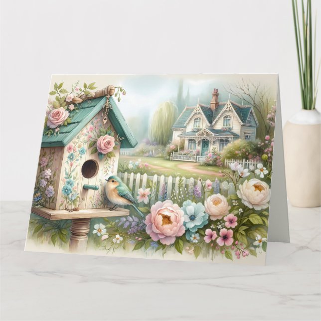 Kerngeschäft Vogelhaus mit Blumengarten Karte (Vorderseite)