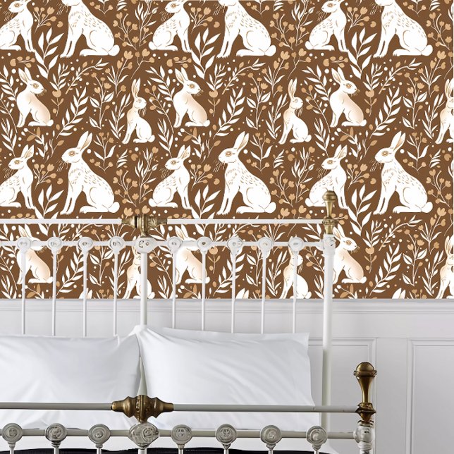 Kernhares Tapete (Cottagecore Hares Wallpaper behind a white metal bed frame. )