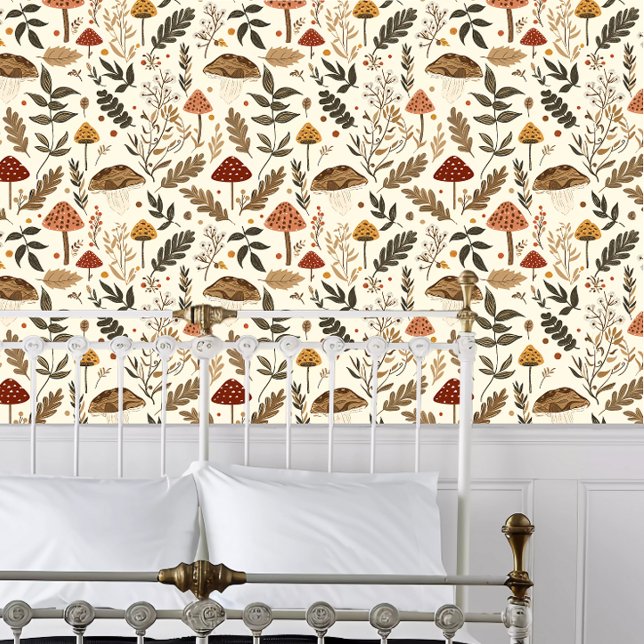 Kernpilze und Blätter Tapete (Cottagecore Mushrooms and Leaves Wallpaper behind a white metal bed frame. )