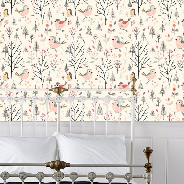 Kernrosa Bird Tapete (Cottagecore Pink Bird Wallpaper behind a white metal framed bed.)