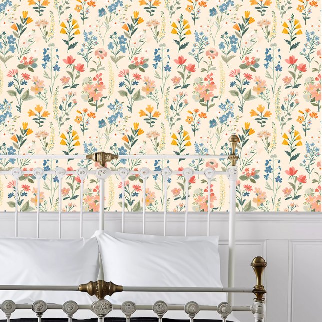 Kernspinnblumen Tapete (Cottagecore Spring Flowers Wallpaper behind a white metal bed frame. )