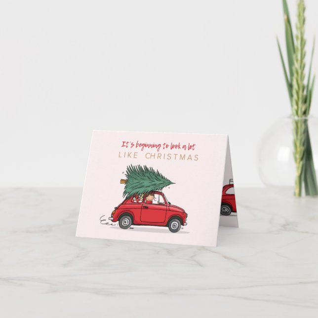 Kerstkaart Fiat 500 rood met kerstboom Karte (Vorderseite)