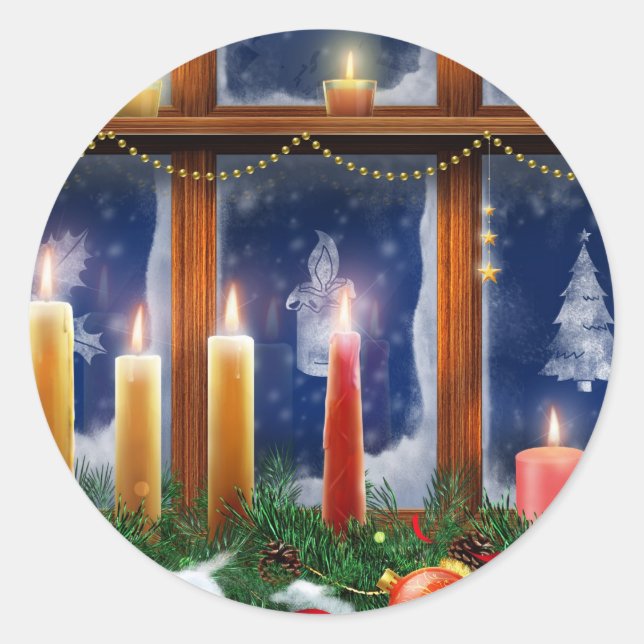 Kerze in den Fenster-Weihnachtsaufklebern Runder Aufkleber (Vorderseite)