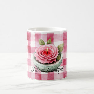 Kerze mit rosa Rosen im Karomuster Kaffeetasse