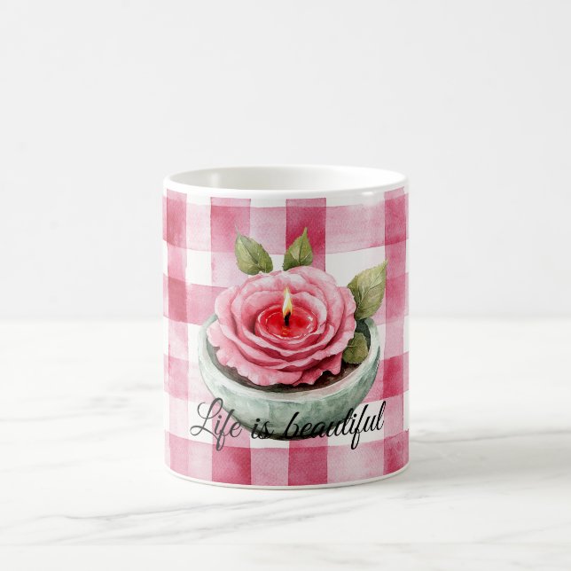 Kerze mit rosa Rosen im Karomuster Kaffeetasse (Mittel)