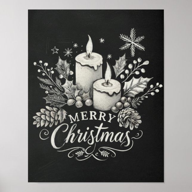 Kerzen und Holly Chalkboard Frohe Weihnachten Poster (Vorne)