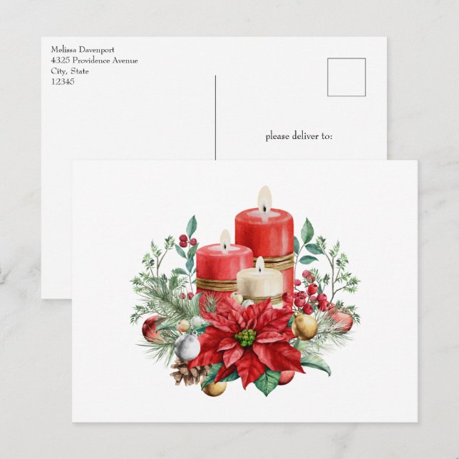 Kerzen und Poinsettia Bouquet Weihnachten Postkarte (Vorne/Hinten)