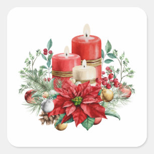 Kerzen und Poinsettia Bouquet Weihnachten Quadratischer Aufkleber