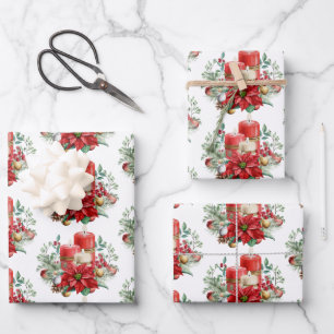 Kerzen und Poinsettia Bouquet Weihnachtsmuster Geschenkpapier Set