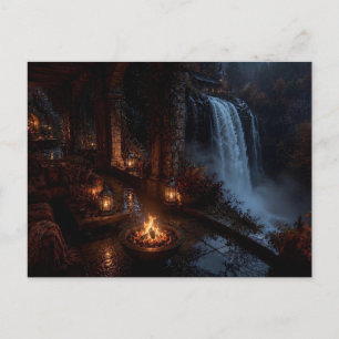 Kerzenbeleuchtete Herbst-Wasserfall-Terrasse Postk Postkarte