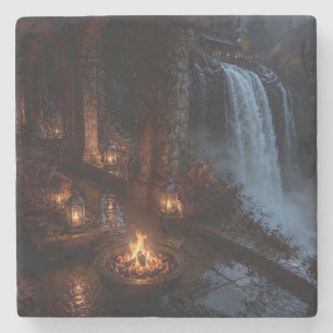 Kerzenbeleuchtete Herbst-Wasserfall-Terrassen-Unte Steinuntersetzer