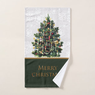 Kerzenbeleuchteter Vintage-Weihnachtsbaum mit Schn Handtuch