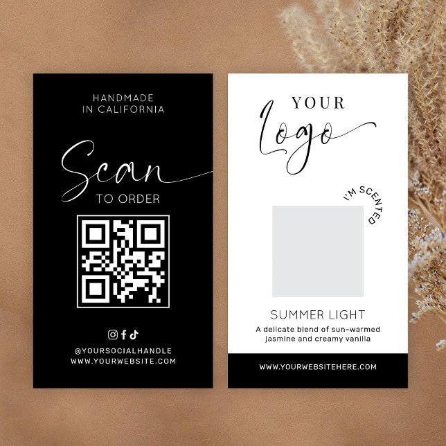 Kerzenduftaroma-Testkarte Fragranzprobe Minimal (Elegant modern scent sample cards in black and white with space for your logo and QR code)
