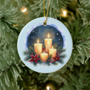 Kerzenschein zu Weihnachten mit Poinsettien Keramik Ornament