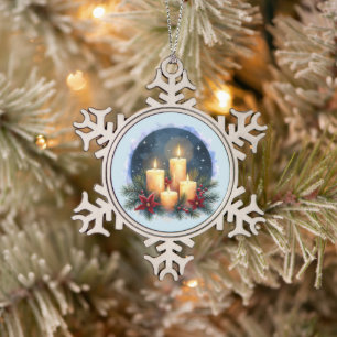 Kerzenschein zu Weihnachten mit Poinsettien Schneeflocken Zinn-Ornament