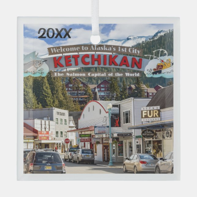 Ketchikan, Alaska, Hauptstadt Lachs, Ornament Aus Glas (Vorderseite)