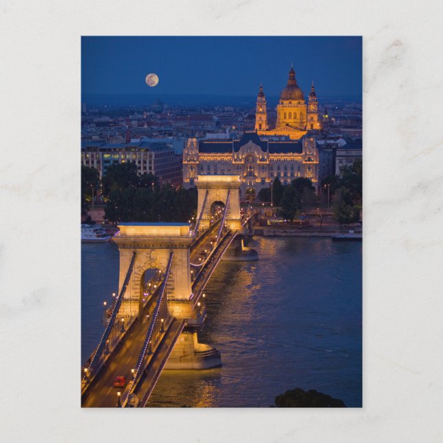 Kettenbrücke und Vollmond in der Nacht Postkarte (Vorderseite)
