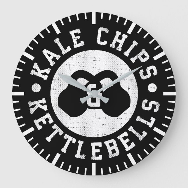 Kettlebells und Kale Chips - Funny Novelout Workou Große Wanduhr (Vorderseite)