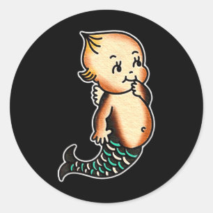 Kewpie Baby Mermaid Traditionelles Tattoo Flash Runder Aufkleber