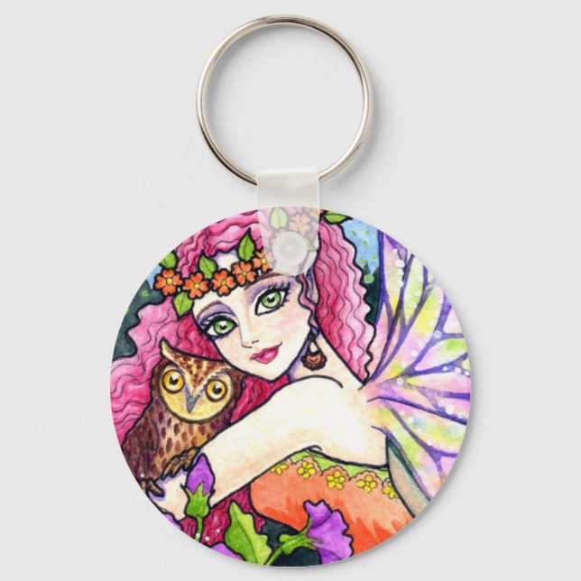 Key Chain Owl Blume Fairy Fantasy von Ann Howard Schlüsselanhänger (Vorderseite)