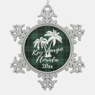 Key Largo Beach Florida Palm Green Kariert Schneeflocken Zinn-Ornament