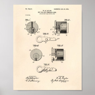 Key Tumbler Locks 1904 Patent Art Old Peper Poster