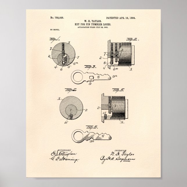 Key Tumbler Locks 1904 Patent Art Old Peper Poster (Vorne)