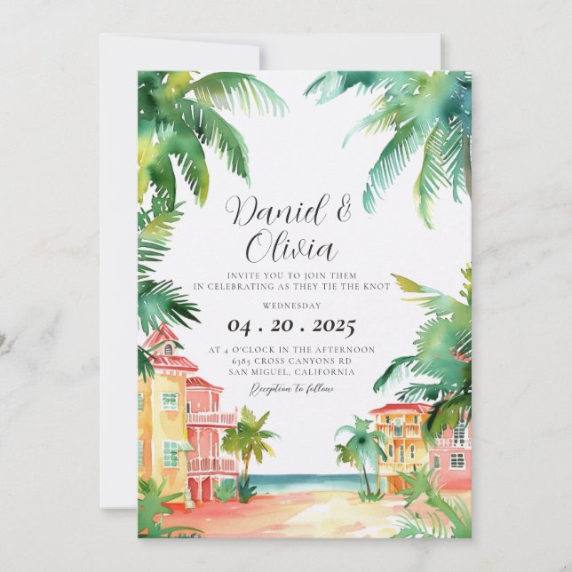 Key West FL Aquarell-Hochzeit Einladung (Vorderseite)