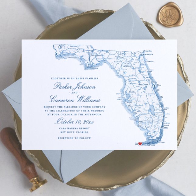 Key West FL Map Elegant Navy Blue Wedding Einladung (Key West FL map wedding invitation in elegant navy blue from Coastal Map Designs)