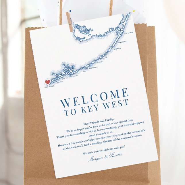 Key West FL Navy Blue Wedding Willkommensreise Dankeskarte (Key West FL Map Wedding Welcome Letter Schedule of Events for an elegant navy blue wedding)