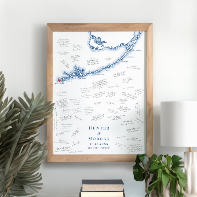 Key West FL Wedding Elegant Navy Gästebuchposter Poster (Key West FL Map Wedding Alternative Guest Book Poster in Elegant Navy Blue from Coastal Map Designs)