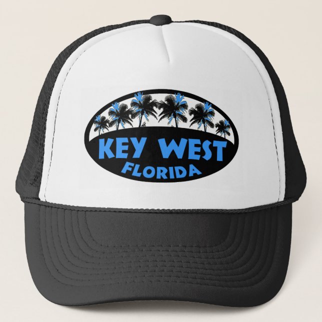 Key West Florida blaue schwarze Palmen Truckerkappe (Vorderseite)
