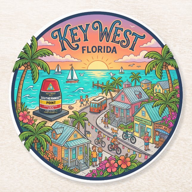 Key West Florida Runder Pappuntersetzer (Vorderseite)