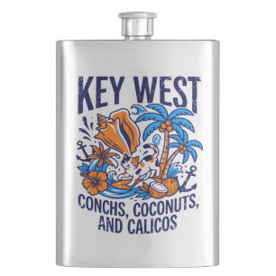 Key West Florida Tropische Katze Conchs Und Kokosn Flachmann