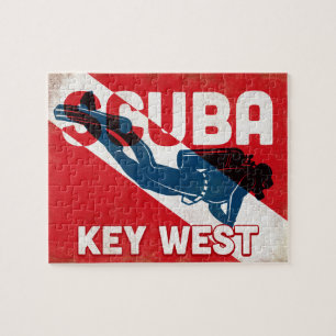 Key West Scuba Diver - Blue Retro Puzzle