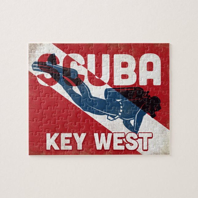 Key West Scuba Diver - Blue Retro Puzzle (Horizontal)