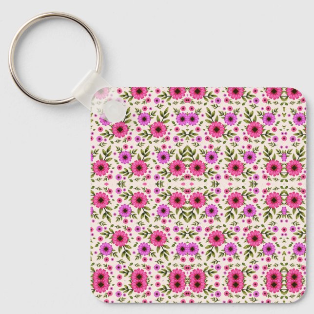 Keychain featuring a repetitive pink floral  schlüsselanhänger (Vorderseite)