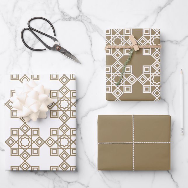 Khaki Arabesque Geometric Muster Geschenkpapier Set (Vorderseite)