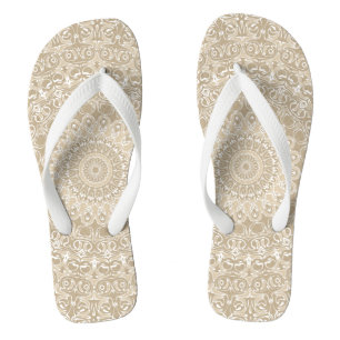 Khaki Beige Mandala Kaleidoscope Medallion Blume Flip Flops