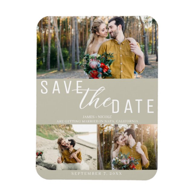 Khaki Beige Save the Date Hochzeit 3 Fotos Magnet (Vertikal)