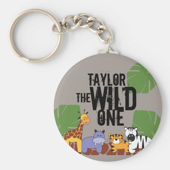 Khaki Brown Wild One Safari Tiere Personalisiert Schlüsselanhänger (Vorne)